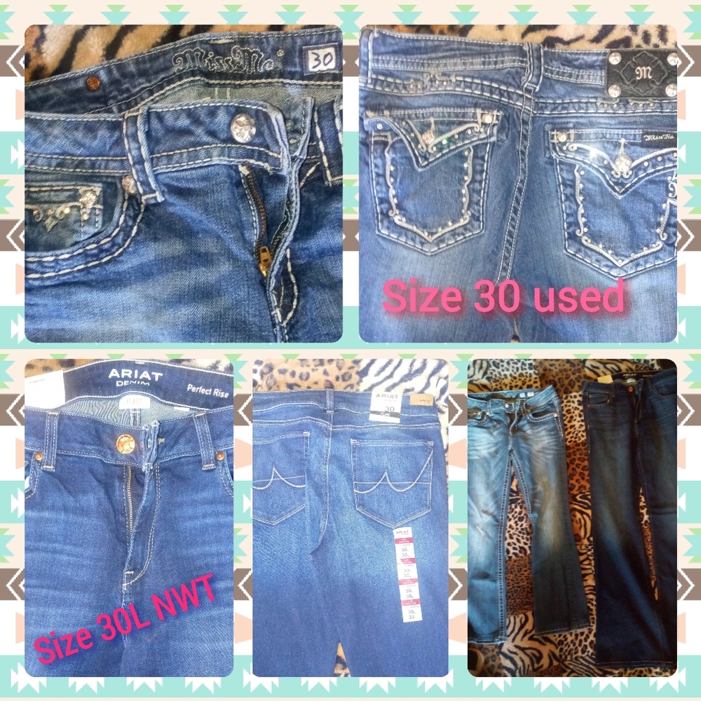 Miss Me Jeans: size 30, gently used and Ariat Jeans, size 30L, NWT.